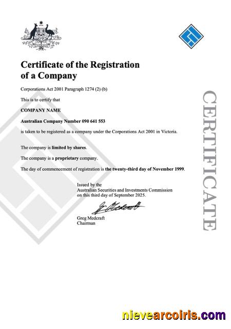 Australia certificate of company registration